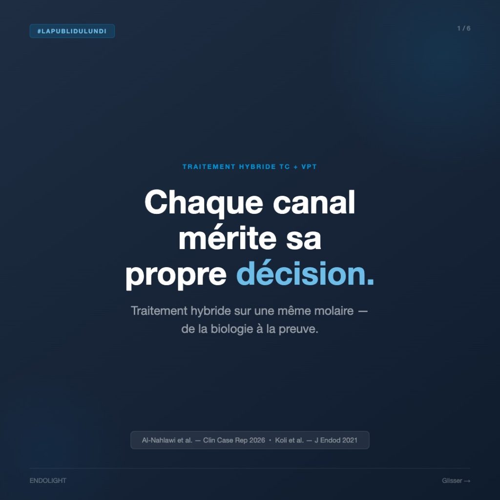 Visuel carré sur fond bleu nuit présentant le titre : « Chaque canal mérite sa propre décision. ». Le sous-titre évoque un traitement hybride associant traitement canalaire et préservation de la vitalité pulpaire sur une même molaire, avec une décision adaptée à chaque canal selon la biologie et les données scientifiques. Références : Al-Nahlawi et al., Clinical Case Reports, 2026, et Koli et al., Journal of Endodontics, 2021. Visuel 1 sur 6 de la série « La Publi du lundi ».