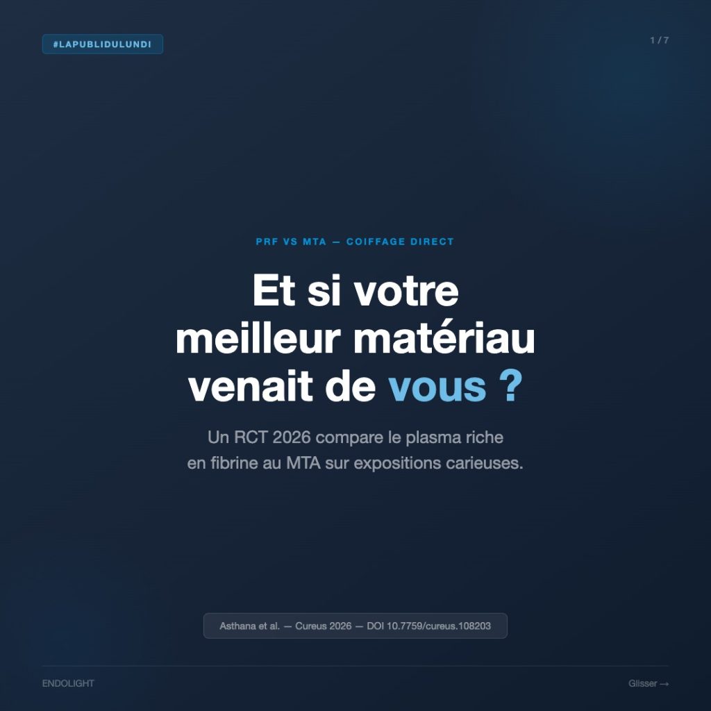 Visuel carré sur fond bleu nuit présentant le titre : « Et si votre meilleur matériau venait de vous ? ». Le sous-titre indique qu’un essai clinique randomisé de 2026 compare le plasma riche en fibrine au MTA pour le coiffage pulpaire direct lors d’expositions carieuses. Référence scientifique : Asthana et al., Cureus, 2026. Visuel 1 sur 7 de la série « La Publi du lundi ».