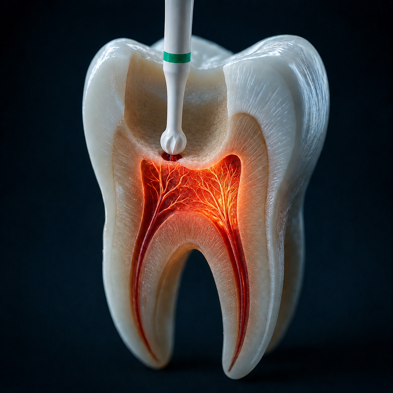 Schéma du protocole de coiffage pulpaire direct, étape 2 : élimination de la dentine cariée à la fraise boule céramique jusqu'à l'effraction pulpaire