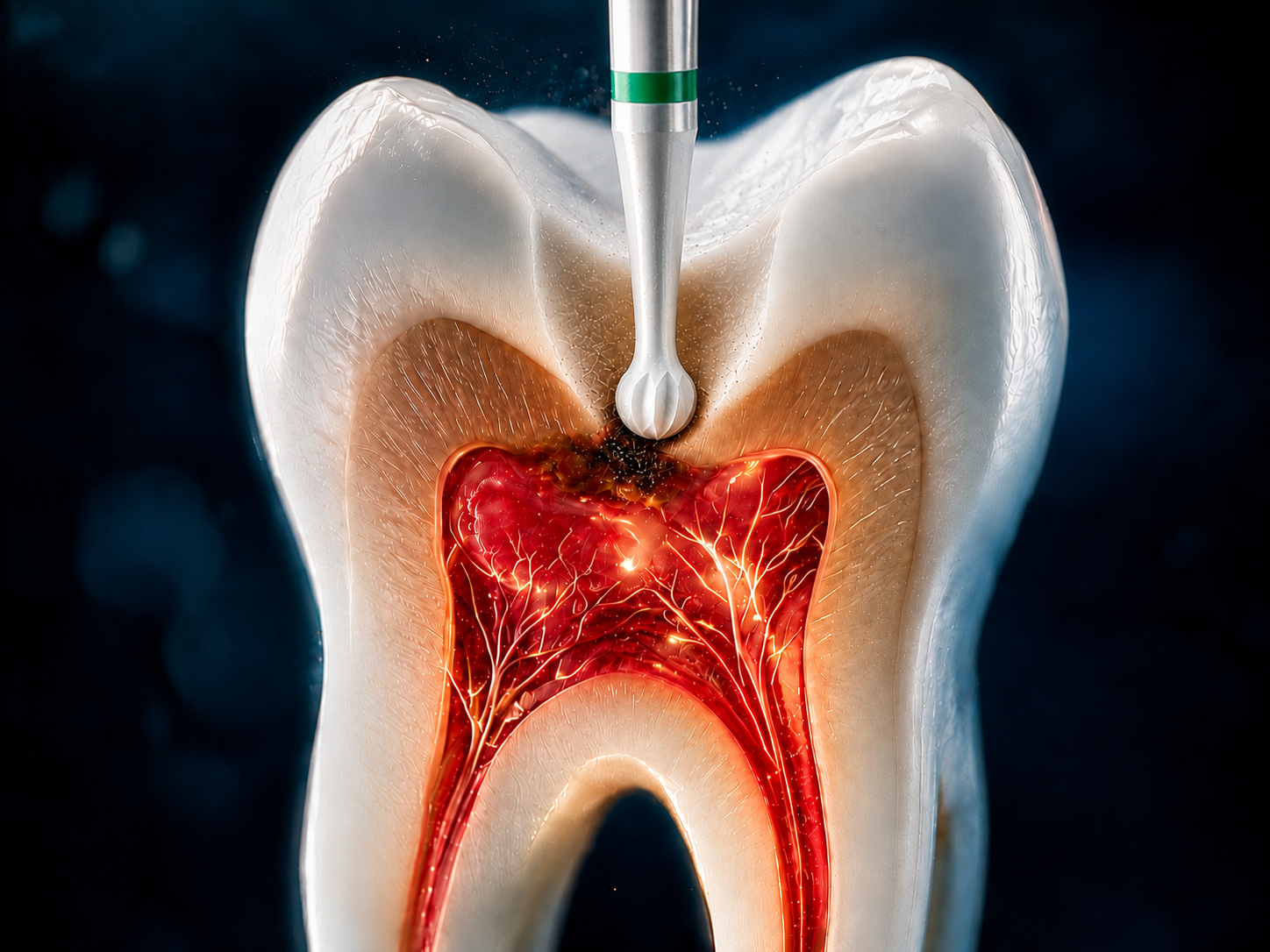 Schéma du protocole de pulpotomie totale, étape 2 : élimination de la dentine cariée à la fraise boule céramique jusqu'à l'effraction pulpaire