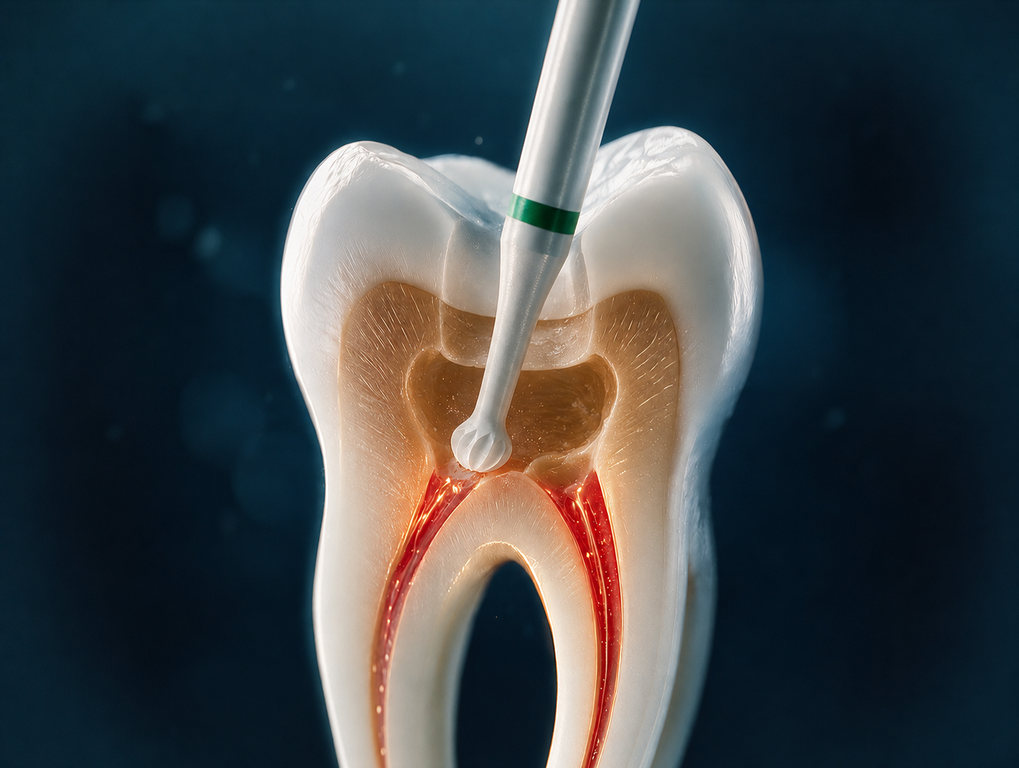 Schéma du protocole de pulpotomie totale, étape 3 : retrait complet de la pulpe coronaire jusqu'aux orifices canalaires à la fraise boule céramique stérile